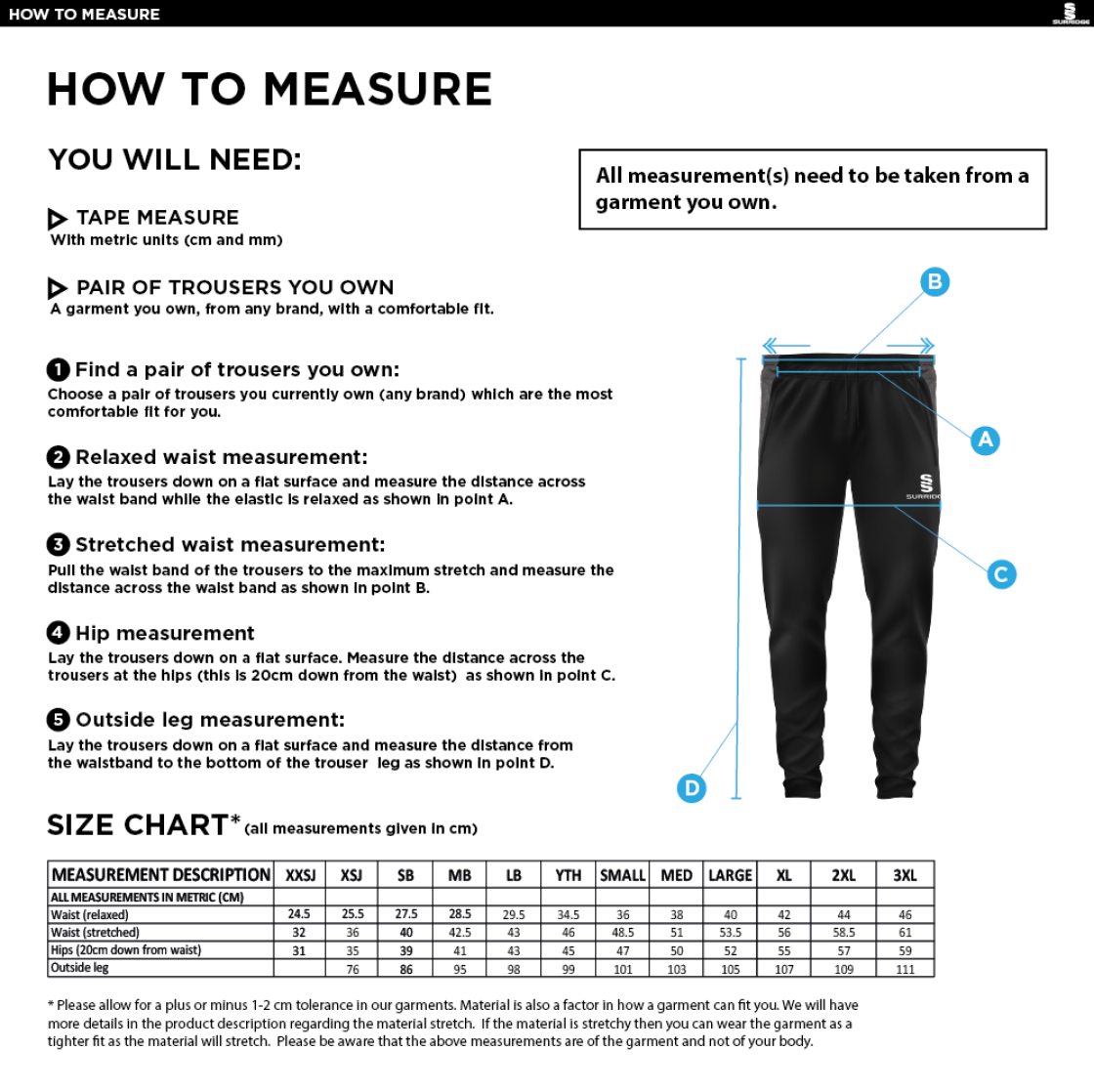 Bangor University - Tek Slim Training Pants - Unisex Fit - Size Guide