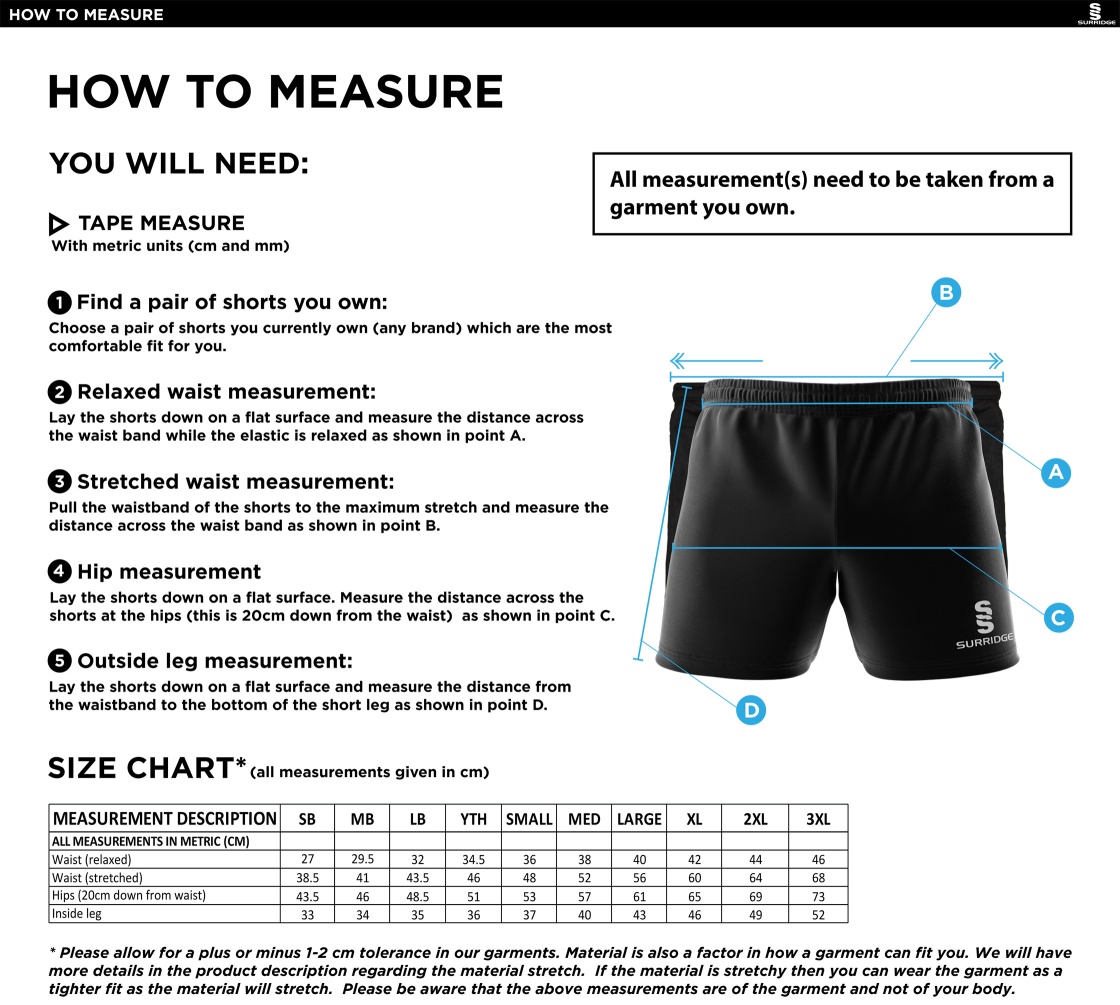 Bangor University - Gym Shorts - Size Guide