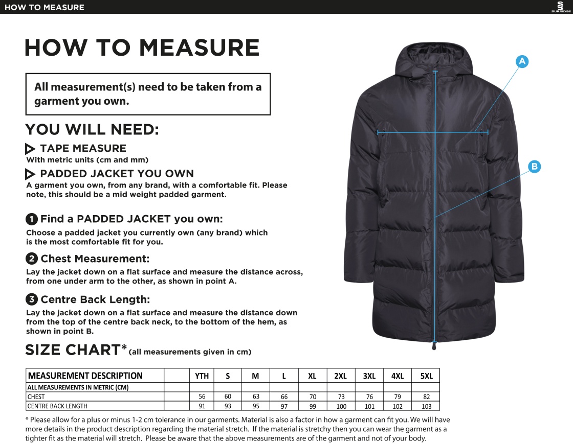 Bangor University - Basketball Mens - Active Long Padded Jacket - Unisex Fit - Size Guide