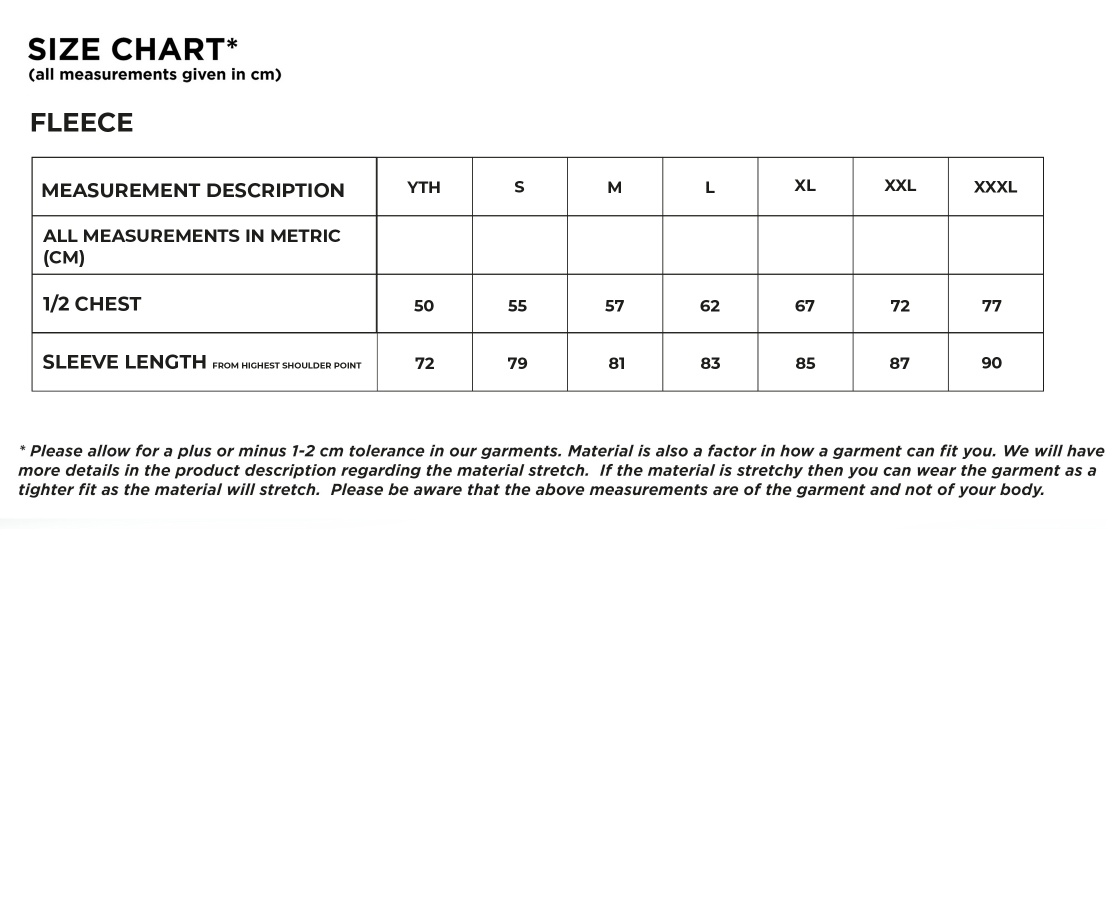 Bangor University - Fleece - Size Guide