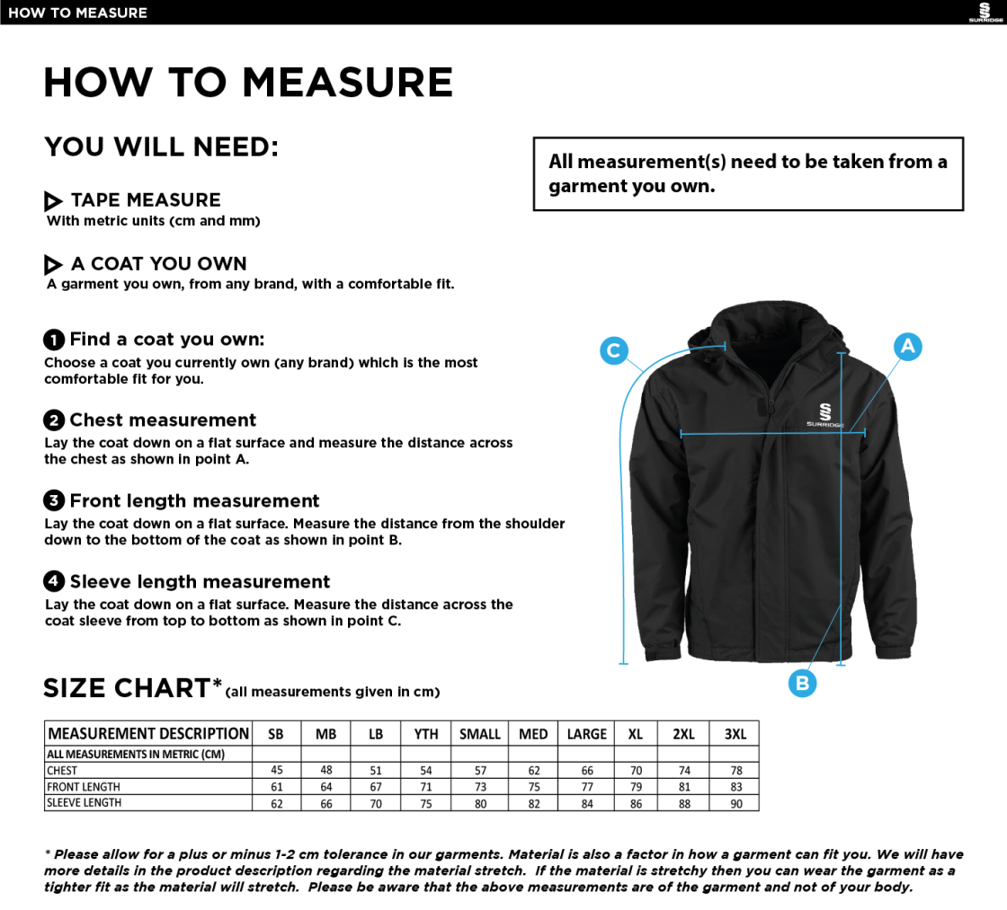 Bangor University - Paddleboarding - Lined Jacket - Size Guide