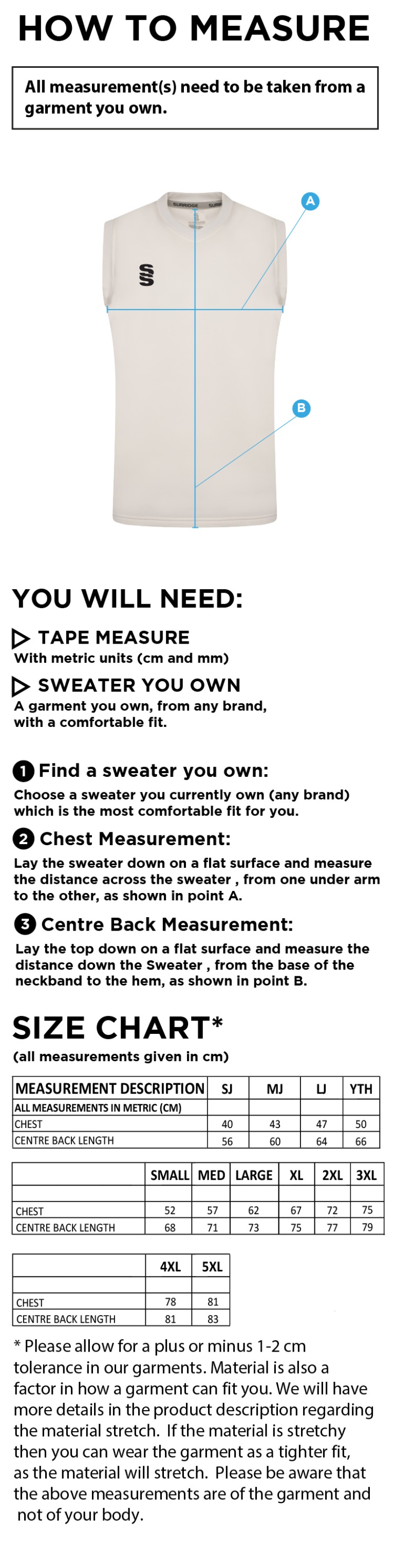 University of Bangor - Cricket Sleeveless Sweater - Size Guide