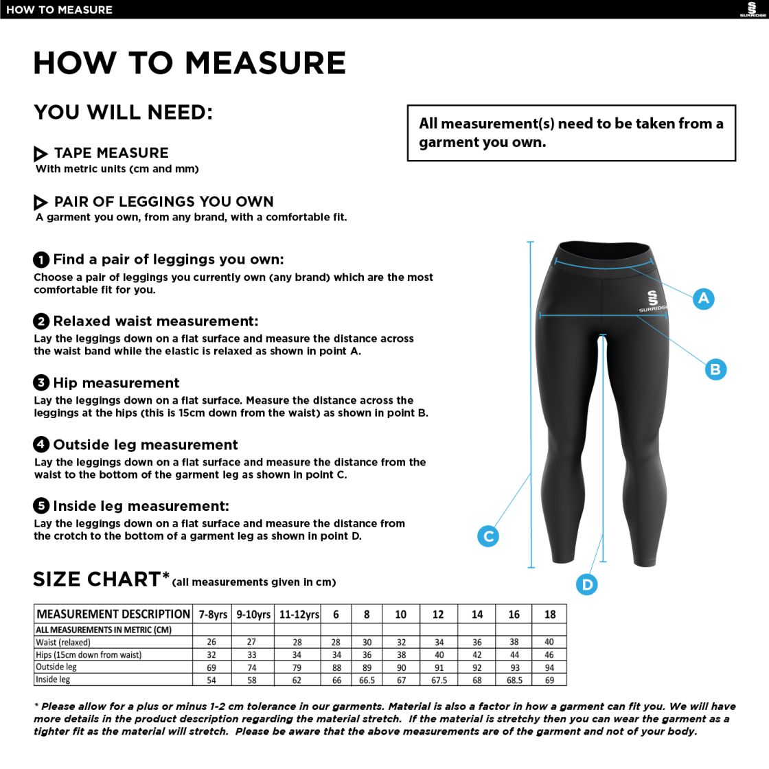 Bangor University - Psychology & Sport Science - Performance Full Length Leggings - Women's Fit - Size Guide