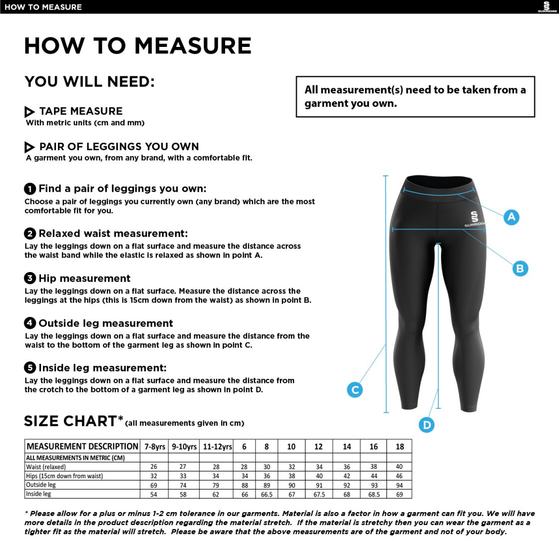 Concert Band - Performance Full Length Leggings - Size Guide