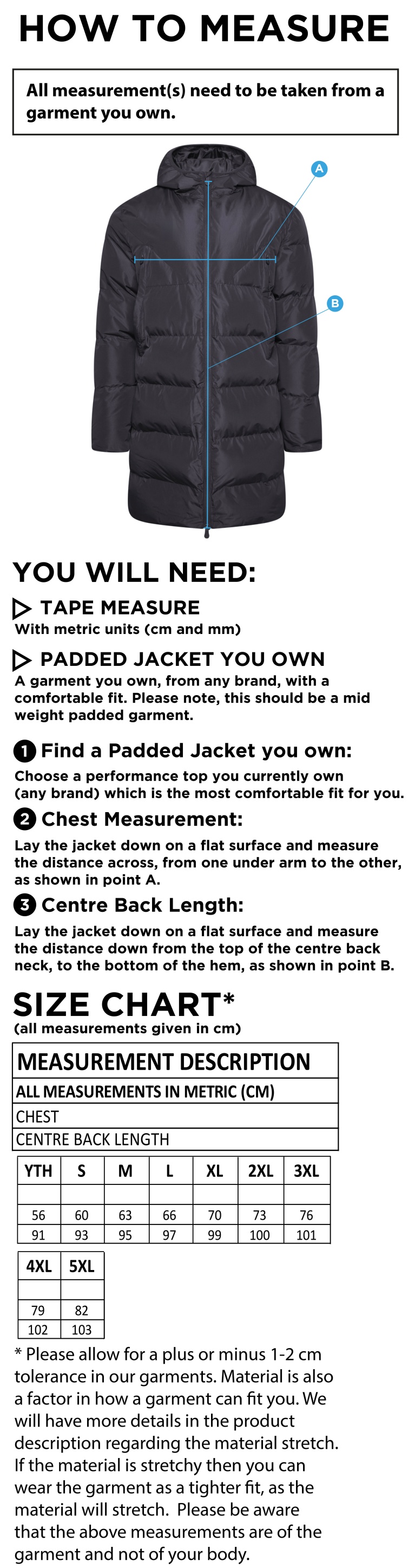 Bangor University - Basketball Mens - Active Long Padded Jacket - Unisex Fit - Size Guide