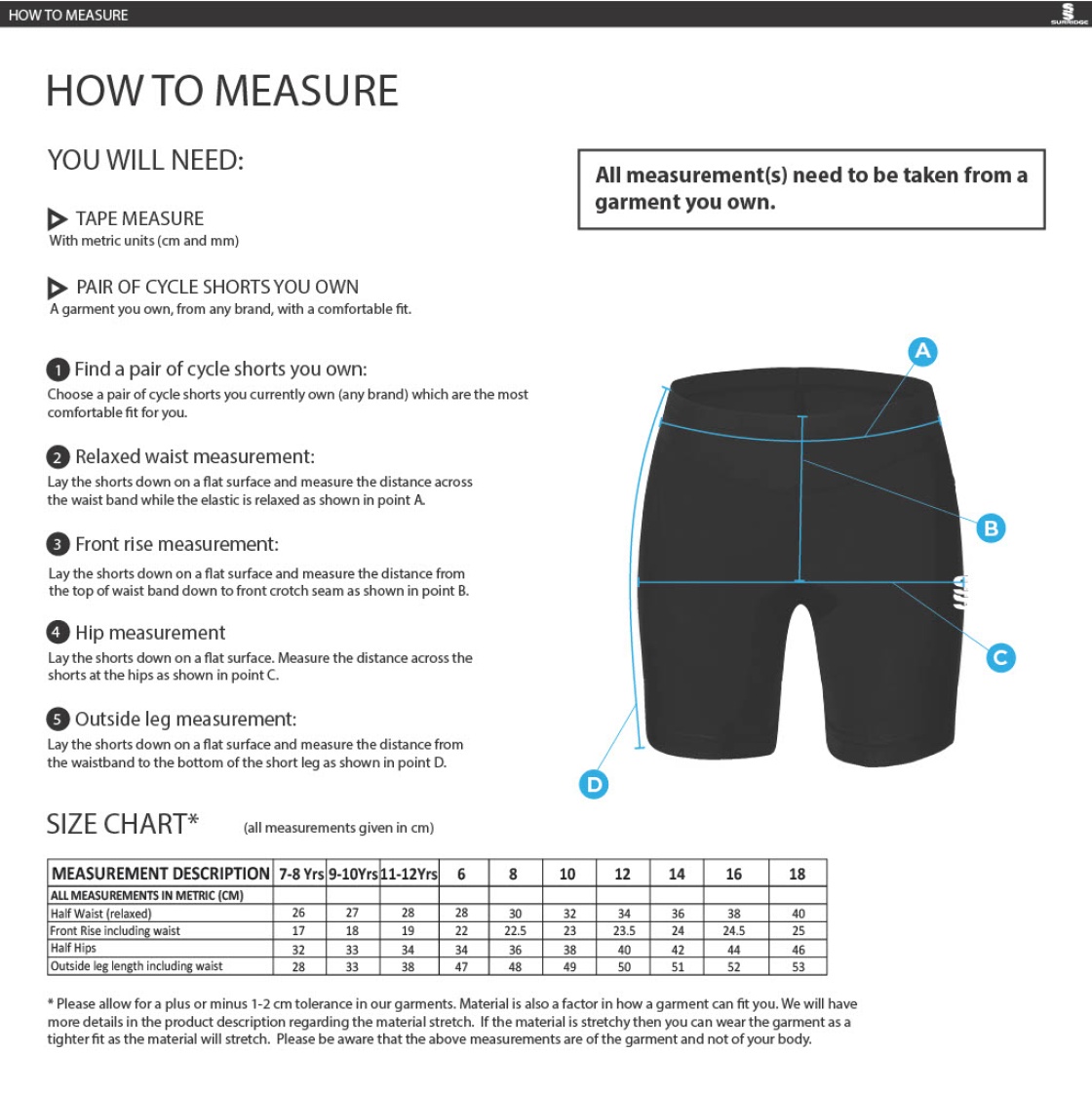 Bangor University - WOMENS DUAL CYCLING SHORT - Size Guide