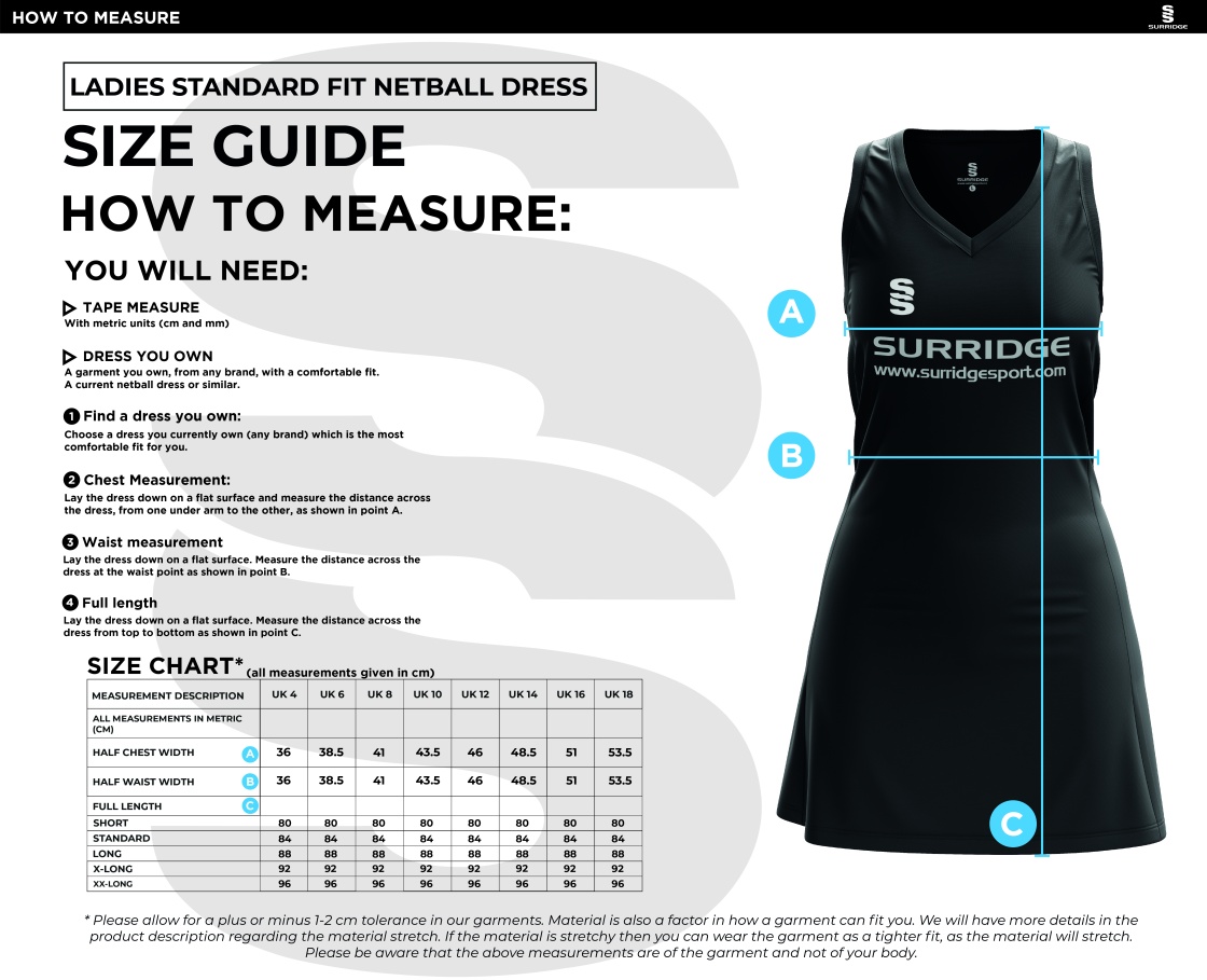 Netball - Home Dress - Size Guide