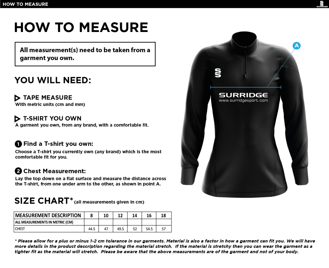 Bangor University - Paddle Boarding - 1/4 Performance Top - Women's Fit - Size Guide