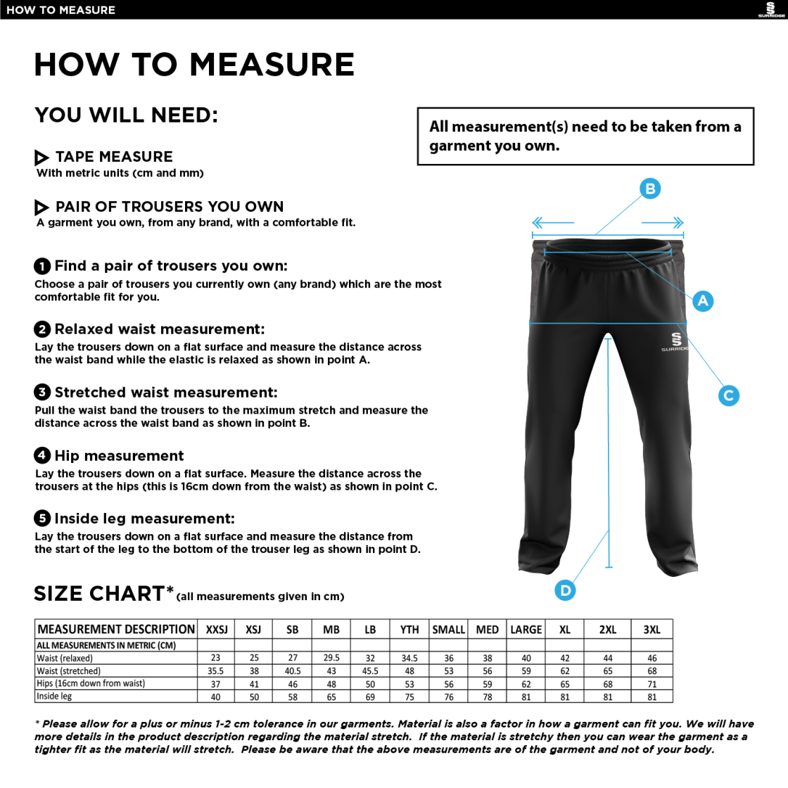 Bangor University - Mens Poplin Track Pants - Size Guide