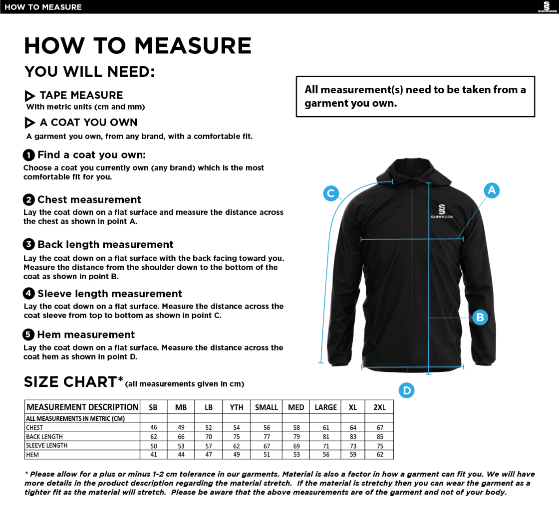 Bangor University - CrIcket - Women's Rain Jacket - Size Guide